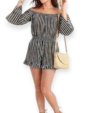 Emery Women's M Black Striped Bell Sleeve Off-the-Shoulder‎ Flare Romper Shorts